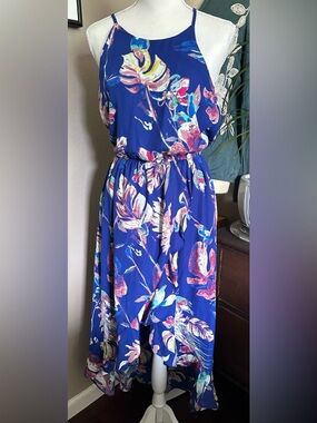 Kaiya Bold Royal Blue Floral Maxi hi low Dress medium